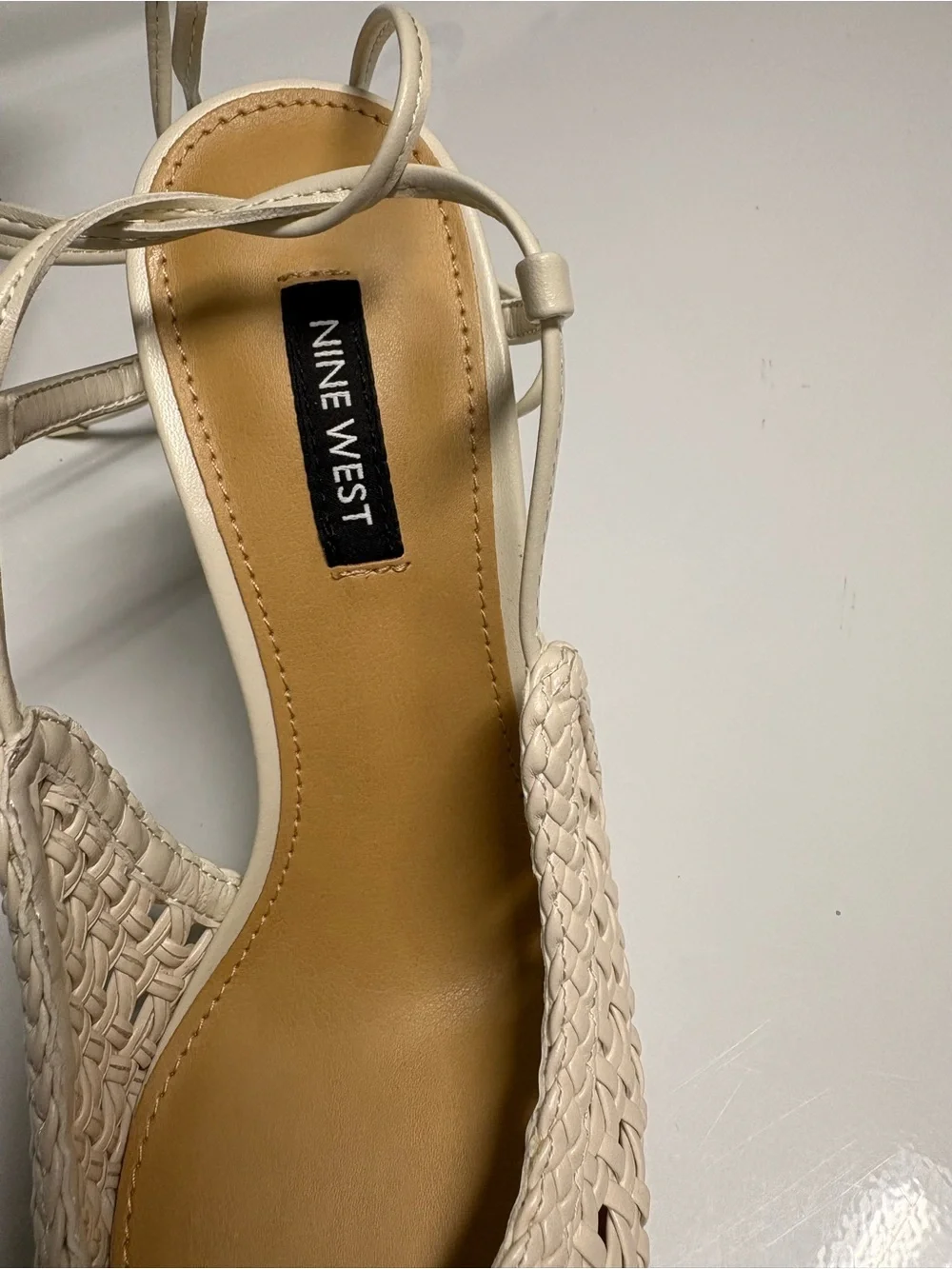 Nine West Cream Braided Pointed-Toe Lace-Up Heels
